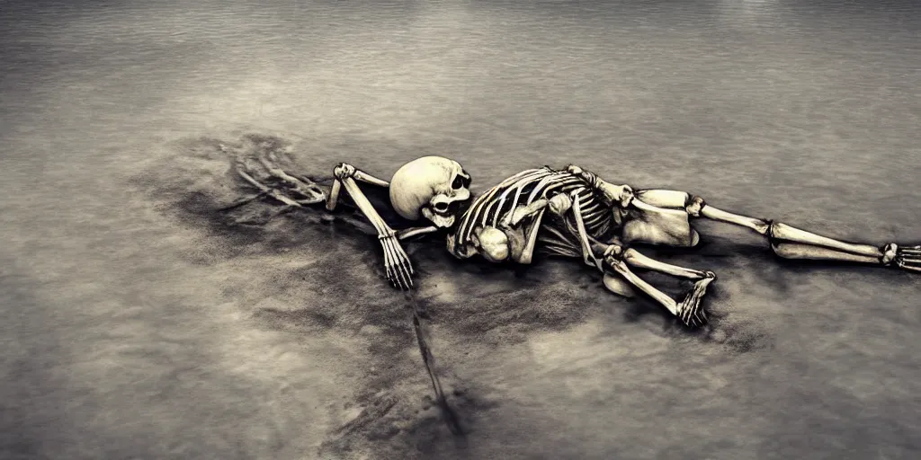 Image similar to skeleton lying in a puddle of mercury, pipe sticking out of the lake, fantasy, digital art, trending on artstation