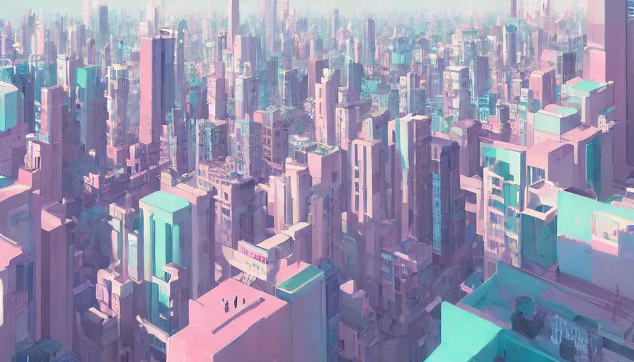 Prompt: a beautiful highly detailed matte painting of the modern tokyo cityscape, vibrant pastel styling by atay ghailan, cliff chiang, loish and goro fujita, white, white cyan, pink and light green pastel mystical tones, featured on artstation, featured on behance, vray render