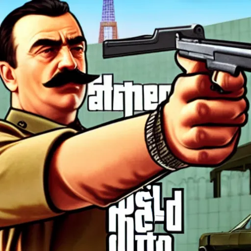 Prompt: joseph stalin pointing a gun at person in GTA V loading screen, HD