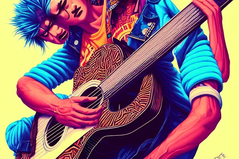 Image similar to 1 9 8 0 s punk rocker playing acoustic guitar, tristan eaton, victo ngai, artgerm, rhads, ross draws, intricated details, 3 / 4 view, full body portrait