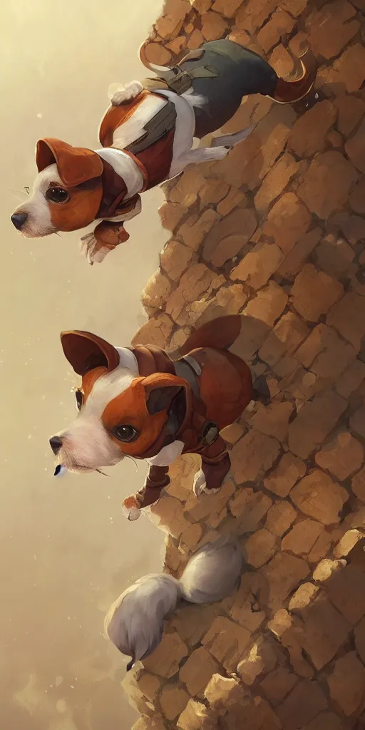 Image similar to adorable jack russel terrier flying above a brick wall, fantasy art, artstation character design contest winner, trending on cgsociety, concept art, speedpaint, beautiful digital art, jesper ejsing, james jean, justin gerard, fenghua zhong, makoto shinkai, highly detailed