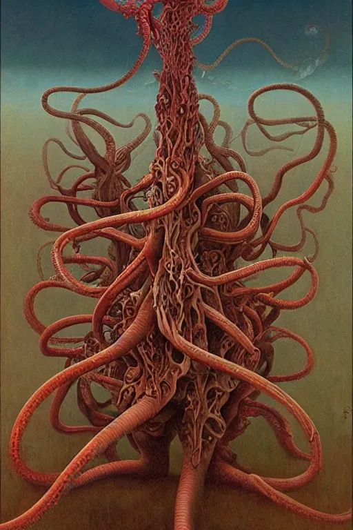 Image similar to an amazing masterpiece of art by gerald brom, Zdzisław Beksiński, tentacles