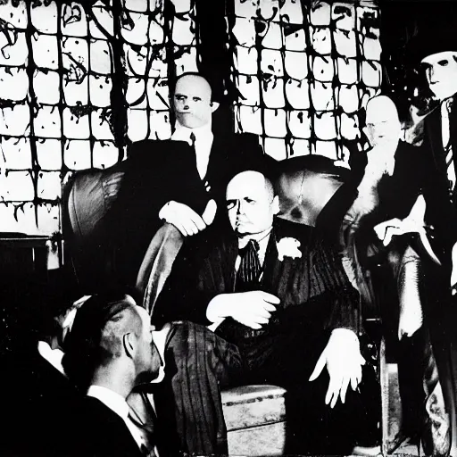 Prompt: Satanic States of America, alternate history, 1930s Chicago gangster, Al Capone, goth Al Capone, occult, 1930s photograph, mafia, Satanic symbols in the background, Great Depression