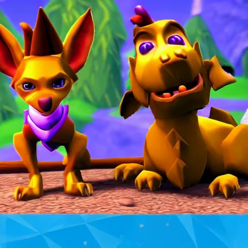 Prompt: screenshot of a cute humanoid dog as an npc in spyro the dragon video game, with playstation 1 graphics, activision blizzard, upscaled to high resolution