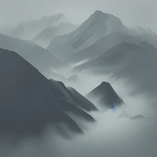 Prompt: “ aerial view of a mountain, fog on the ground, vector art, by greg rutkowski ”