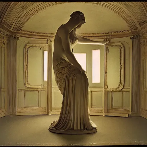 Prompt: a goddess in a liminal room, vintage colored photography by canova and leon battista alberti, limited color palette, very intricate, art nouveau, highly detailed, lights by hopper, soft pastel colors, minimalist