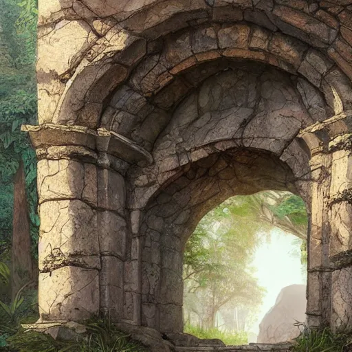 Image similar to concept art painting of an ornate ancient stone archway, in the woods, realistic, detailed, cel shaded, in the style of makoto shinkai and greg rutkowski and james gurney