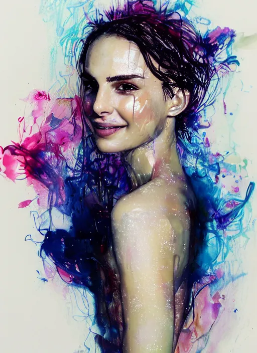 Prompt: sexy seducing smile nathalie portman in the shower by agnes cecile, half body portrait, extremely luminous bright design, pastel colours, ink drips, autumn lights