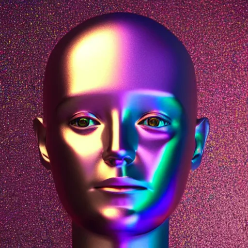 Image similar to 3d render of holographic human robotic head made of glossy iridescent, surrealistic 3d illustration of a human face non-binary, non binary model, 3d model human, cryengine, made of holographic texture, holographic material, holographic rainbow, concept of cyborg and artificial intelligence