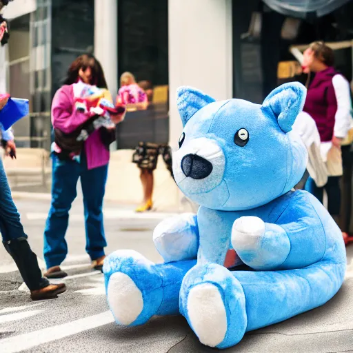 Image similar to blue'snappy gifts'human - sized plush doll, on sidewalk, giving gifts to people, happy atmosphere, high detail, soft lighting, 8 k