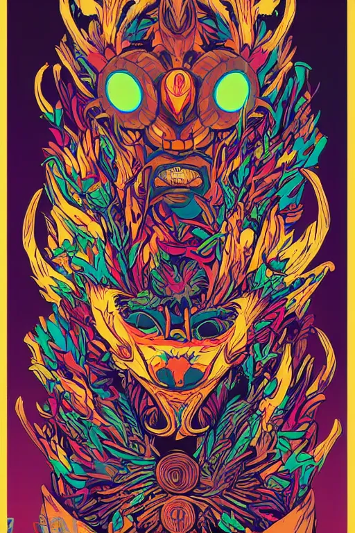 Image similar to animal mask totem roots flower tribal feather gemstone plant wood rock shaman vodoo video game vector cutout illustration vivid multicolor borderlands comics by josan gonzales and dan mumford radiating a glowing aura