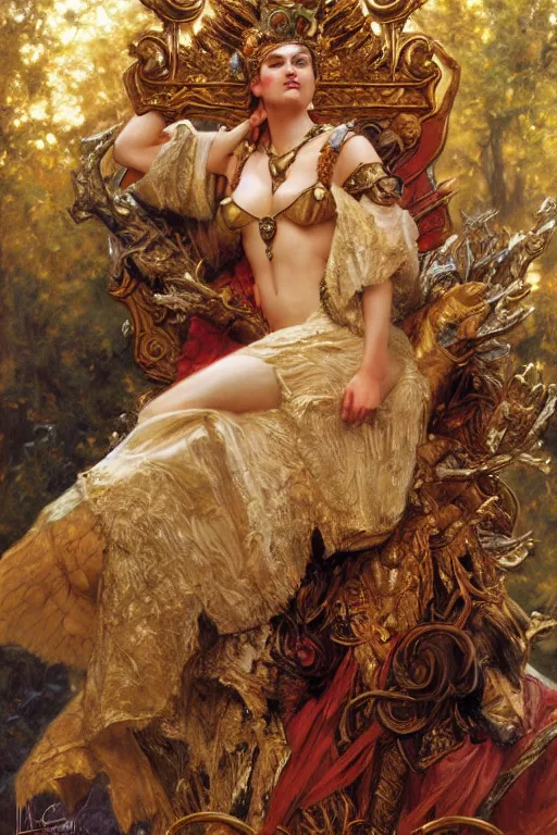 Prompt: full body portrait of forest queen astride her throne, highly detailed painting by gaston bussiere, craig mullins, j. c. leyendecker, 8 k, mid shot