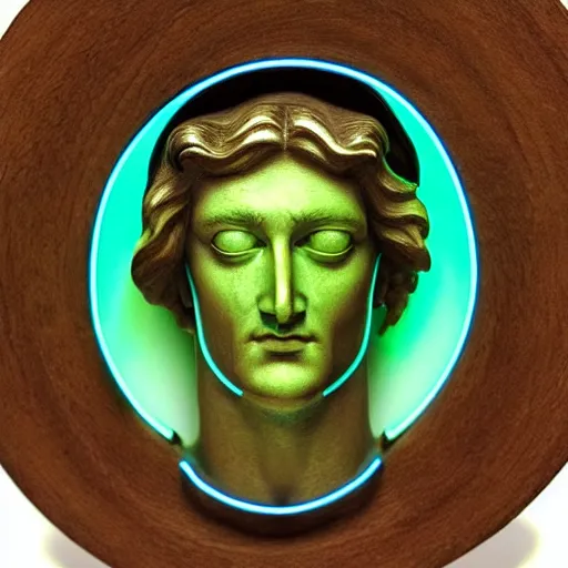 Image similar to 3 d renaissance statue head with a neon ring around it, neon art highly detailed