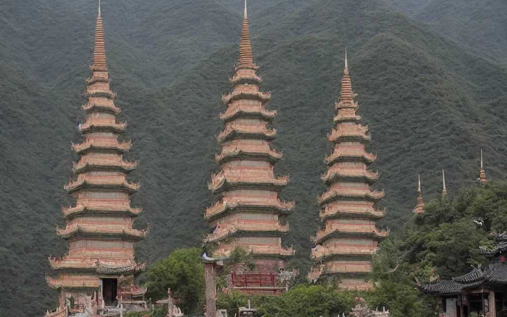 Image similar to twin chinese buddhist pagodas made of stone in a beautiful chinese landscape by michael whelan,