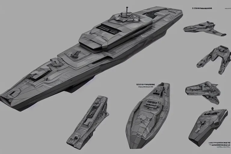 Prompt: concept art of a futuristic military boat, in gunmetal grey, extremely symmetrical, blueprint schematics, top down view, bottom view, side view, mecha inspired, gun turret, robotic, highly detailed, artstation, pinterest, super realistic, hard surface model, autodesk maya, octane render