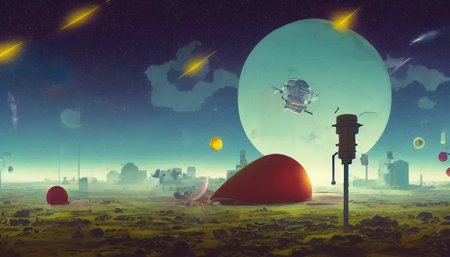 Prompt: hexagons launching from earth to the sun, planet earth in foreground, simon stalenhag