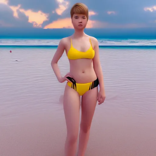 Image similar to real life photo of a beautiful girl, full body photoshoot, short yellow black hair, golden watery eyes, full round face, short smile, pale pink bikini, serene beach setting, cinematic lightning, medium shot, mid - shot, highly detailed, trending on artstation, unreal engine 4 k, 8 0 mm, 8 5 mm, cinematic wallpaper