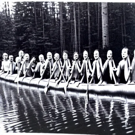 Image similar to a horrible eldritch being made of canoes and canoe paddles, eerie photo, 1 9 8 0 s nostalgic camp photo