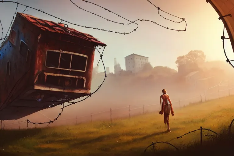 Image similar to a walking house on mechanical legs, rust, vines, city in background, hyperrealistic, highly detailed, cinematic, single ray of sun, fog, beautiful, cgssociety, artstation, 8 k, oil painting