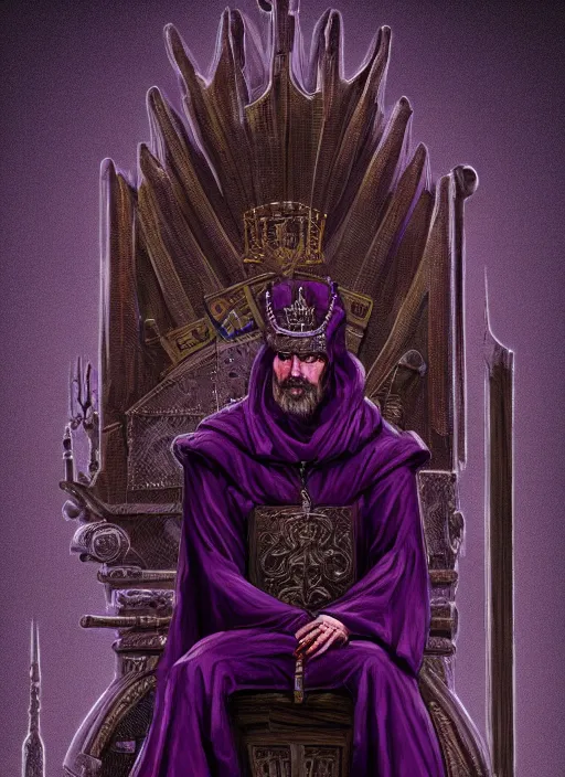 Image similar to a portrait of an old medieval king on the throne, cyberpunk, dark purple color scheme, grim - lighting, high - contrast, intricate, elegant, highly detailed, digital painting, artstation, concept art, smooth, sharp focus, illustration