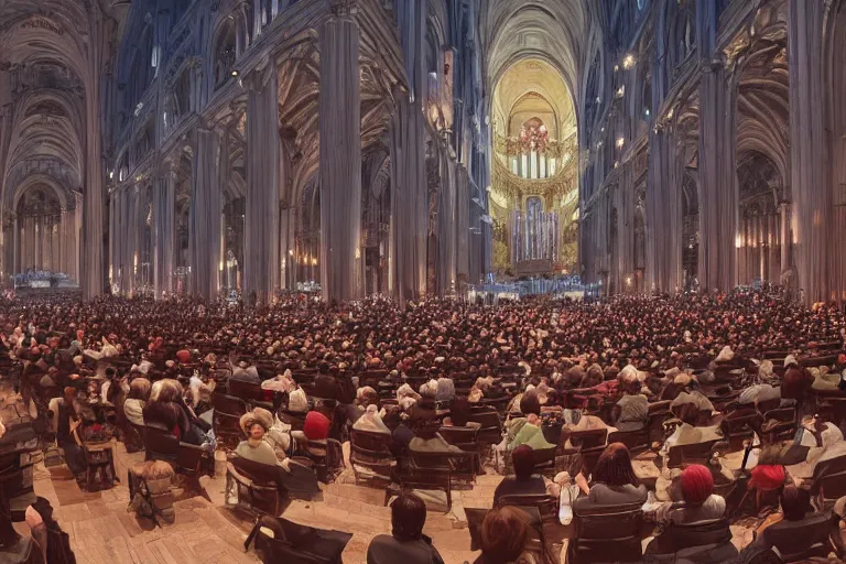 Prompt: huge crowd listens to a hermeneutic pipe organ concert in a vast basilica, matte painting, scenic full shot, ambient lighting, by makoto shinkai, stanley artgerm lau, wlop, rossdraws