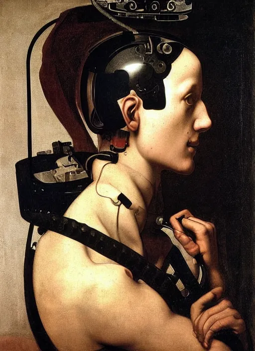 Prompt: portrait or a cyborg with a brain machine interface by Caravaggio, masonic iconography