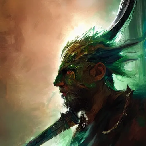 Prompt: A portrait of a fighter with short dark hair and a beard, dual wielding two magical swords, wearing green dragon armor and a cloak made of cheetah, fantasy, digital art by Ruan Jia, Donglu Yu