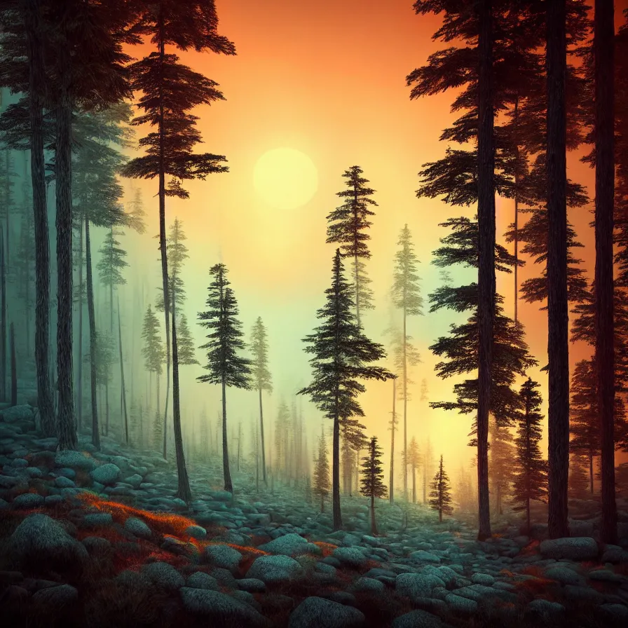 Image similar to surrealist abstract art of one natural path leading to the horizon through giant pine forests down rocky mountains towards a majestic sunset over the ocean. atmospheric foggy landscape, appeasing tones, psychedelic, ultra realistic, concept art, modern art, photorealistic, octane render.