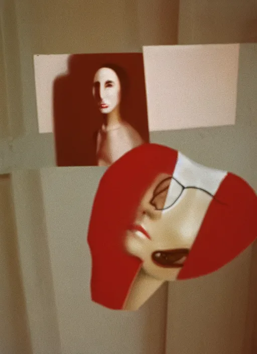 Prompt: a fashion portrait photograph of a woman wearing a plastic mask designed by mark rothko, 3 5 mm, color film camera,