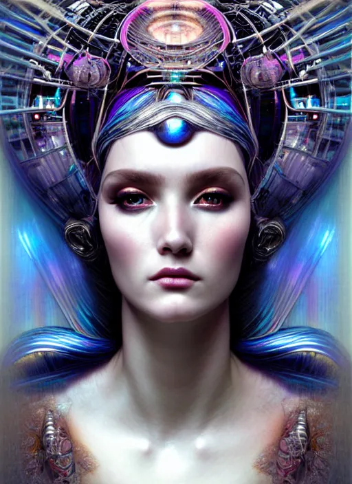 Image similar to hyperrealistic detailed portrait of a beautiful goddess in an iridescent cyber headdress, intricate cyberpunk make - up, art by android jones, john william godward, nekro borja, alphonso mucha, h. r. giger, ornamental gothic - cyberpunk,