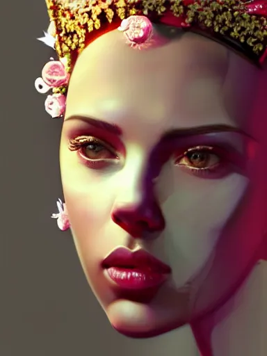 Prompt: pink portrait of beautiful female angel queen Scarlett Johansson head wearing shiny pink crown, subtle purple accents, hyper details, black metal rococo, sculpted by Alex Alice, Craig Mullins, yoji shinkawa, trending on artstation, beautifully lit, Peter mohrbacher, hyper detailed, insane details, intricate, elite, elegant, luxury, ray of light through smoke, CGsociety, hypermaximalist, golden ratio, volumetric, octane render, weta digital, micro details, 3d sculpture