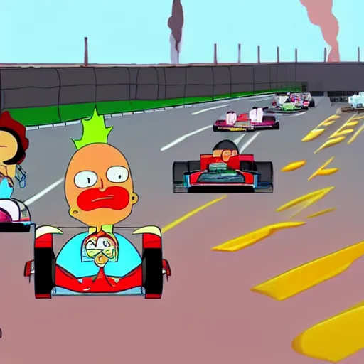 Image similar to formula 1 race, rick and Morty style