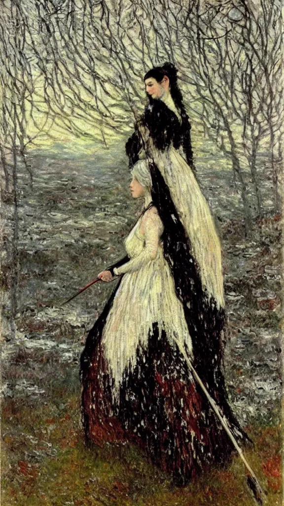 Image similar to a tall woman with very black hair and pale skin with a crown and a spear in her hand in a snowy landscape, fine art, splatter paint, impressionist mosaic, light art, complimentary - colors, tones of black in background, 2. 5 - dimensional, cinematic lighting, by claude monet, by pre - raphaelite brotherhood : : john everett millais gustav klimt