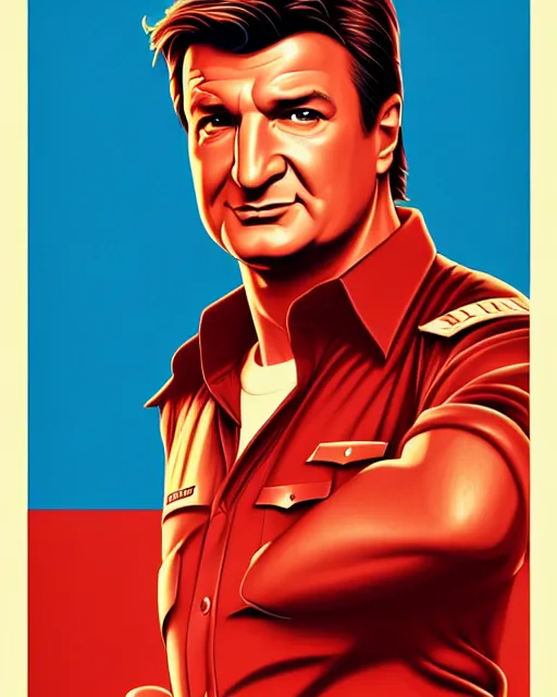 Image similar to nathan fillion in the style of cuban communist propaganda poster art in the year 1 9 8 7 ultra realistic, concept art, intricate details, highly detailed, photorealistic, octane render, 8 k, unreal engine. art by artgerm and magali villeneuve