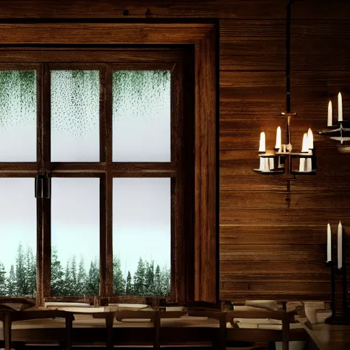 Prompt: photo of a beautiful wooden dining room with a window with a view of a rainy european forest outside,at night, beautful view,winning award photo,4k