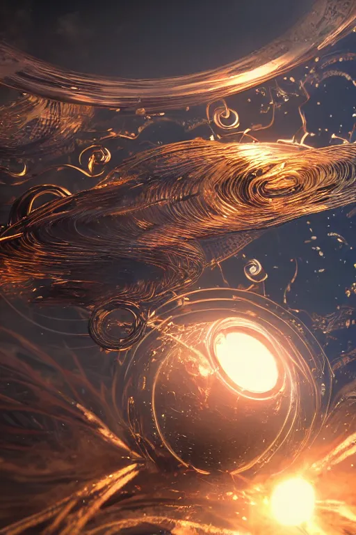 Image similar to swirling abstract cyborg parts and ornate flowing smoke streams and smooth particle effects surround a small metallic sphere, unreal engine