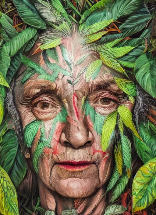 Prompt: a beautiful painted portrait of an old woman in the jungle surrounded by leaves and plants, tribal face paintings, matte painting, fantasy art