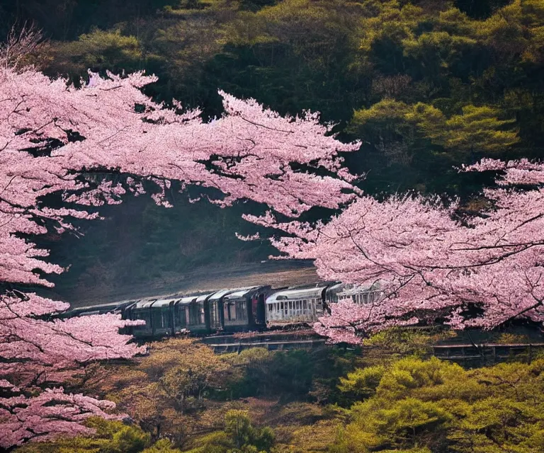 Image similar to a photo of mount fuji, over a sakura forest, seen from a window of a train. beautiful!