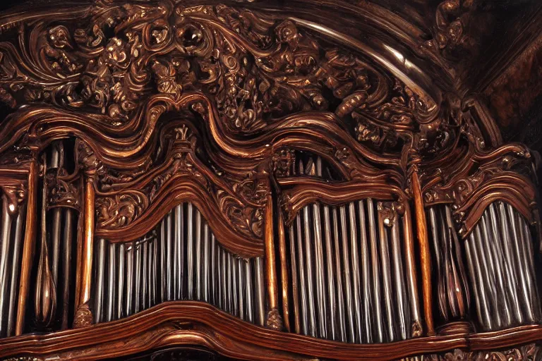 Image similar to pipe organ carved from dark smoke, high detail baroque oil painting