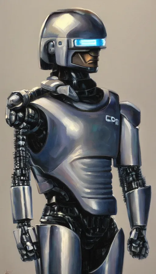 Image similar to robocop, heroic pose, oil painting, rim lighting, by jeff smith