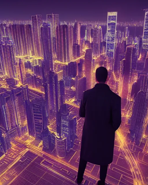 Prompt: extremely detailed unreal engine 3d render of a night rooftop scene, neon lights in the city below, close up shot of a photorealistic gangster wearing a trench coat looking at the city below, global illumination