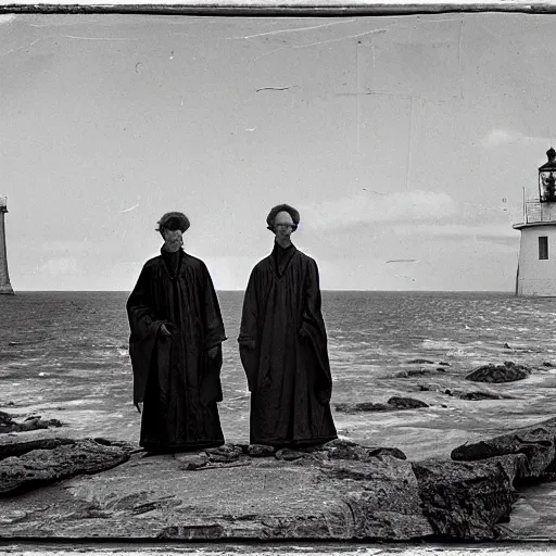 Image similar to worshippers dressed in robes belonging to the cult of the lighthouse. Dilapidated 1800s lighthouse. 1800s photo. Very detailed and clear image.