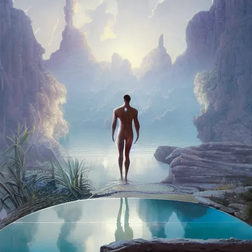 Image similar to Cyborg Ponders Himself, minimalistic, hyperrealistic surrealism, award winning masterpiece with incredible details, epic stunning, infinity pool, a surreal vaporwave liminal space, highly detailed, trending on ArtStation, artgerm and greg rutkowski and alphonse mucha, daily deviation, IAMAG