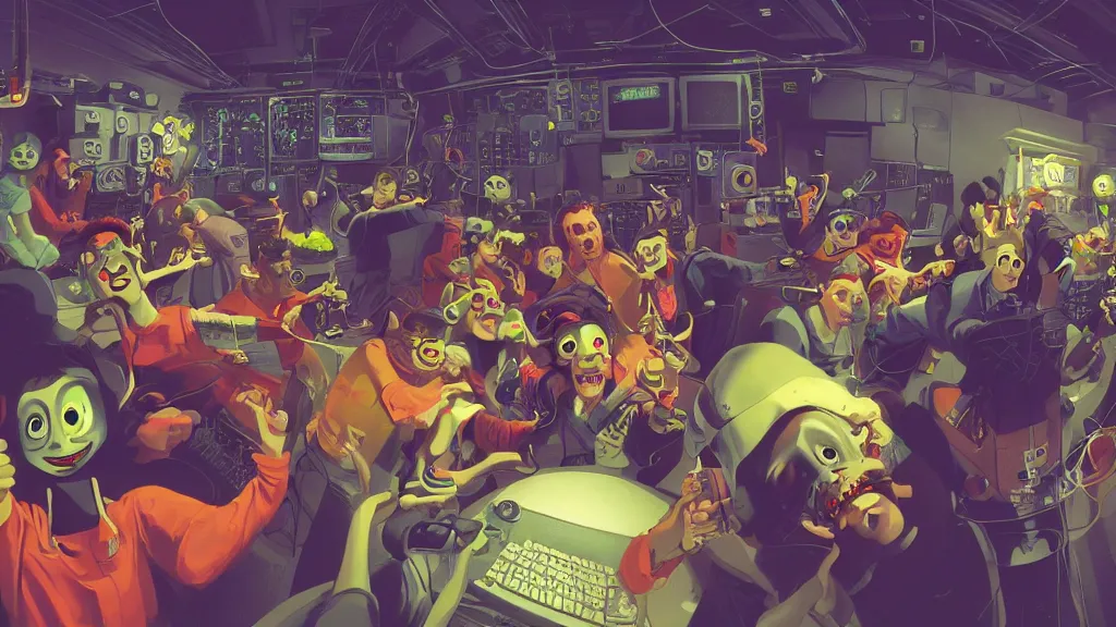 Prompt: selfie of a tight group of happy drunken hackers at a party in a highly detailed server room with computers everywhere and wires, in a scifi movie, vivid colors, by jamie hewlett, nuri iyem, james gurney, james jean, greg rutkowski, anato finnstark. pixar. hyper detailed, wide angle, perfect faces