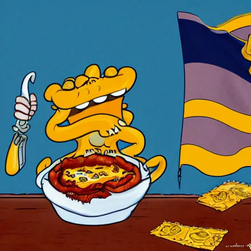 Image similar to Garfield eating lasagna on 9/11 while flying a gadsden flag, in the style of beksinki, hyperrealistic, photorealistic, ultra hd, digital illustration, concept art, award-winning, highly detailed, 4k, satanic, dark, evil, dungeons and dragons