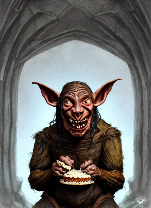 Image similar to profile face portrait of a medieval goblin eating cakes in the cloisters, beautiful face, hyper realistic, highly detailed, digital painting, artstation, illustration, concept art by hyung tae and frank frazetta, digital paint, matte paint, washed colors, dark, gloomy