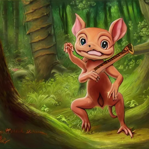 Prompt: beautiful painting of a cute chibi kobold, with rosy cheeks, in a forest. in the style of don bluth, disney, and hans zatzka. color harmony, 8 k detail, gallery quality, hd wallpaper, premium prints available.