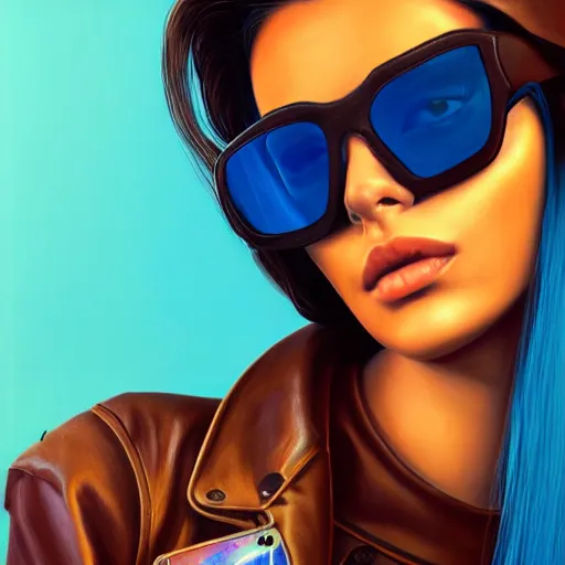 Prompt: closeup painting of a very beautiful young mexican cyberpunk woman with a smirk, wearing light blue shutter shades and a dark brown leather jacket, one side haircut, long brown hair with light blue ends, portrait, hyperdetailed, artstation, cgsociety, 8 k, synthwave by tangerine dream