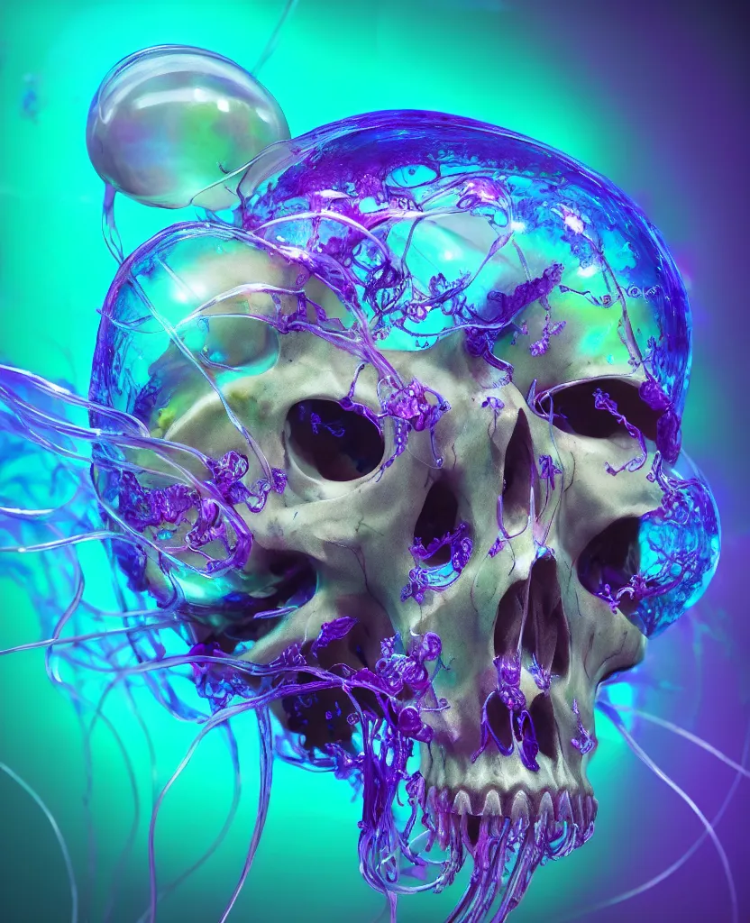 Image similar to close-up portrait of skull dichroic orchid jellyfish skull, betta fish, bioluminiscent creatures, intricate artwork by Tooth Wu and wlop and beeple. octane render, trending on artstation, greg rutkowski very coherent symmetrical artwork. cinematic, hyper realism, high detail, octane render, 8k