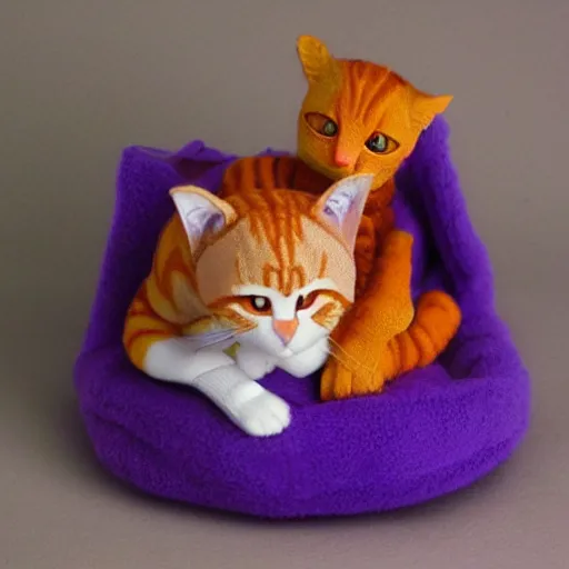 Image similar to tiny purple dragon cuddling an orange tabby cat, cozy, realistic